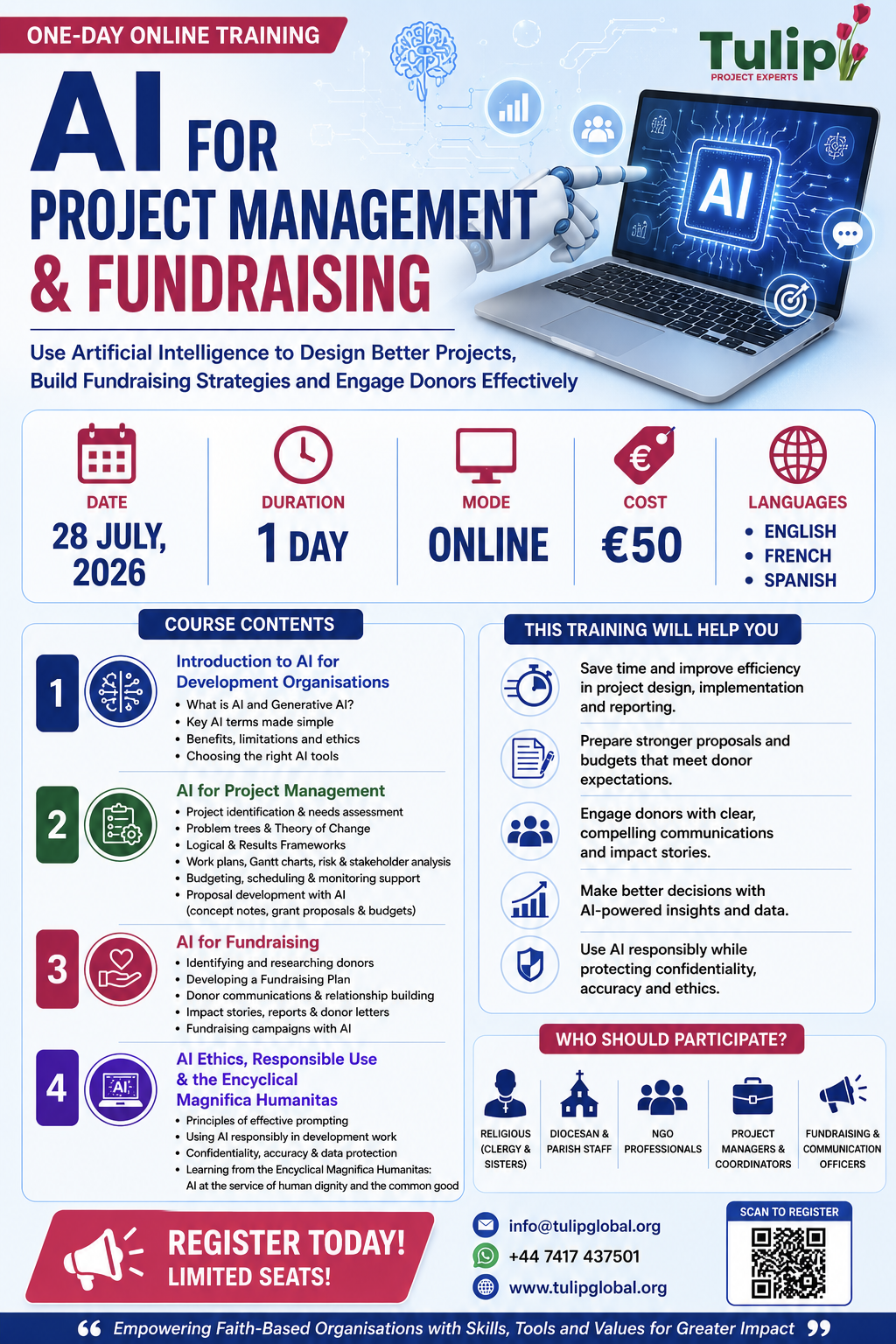 AI for Project Management & Fundraising β training flyer